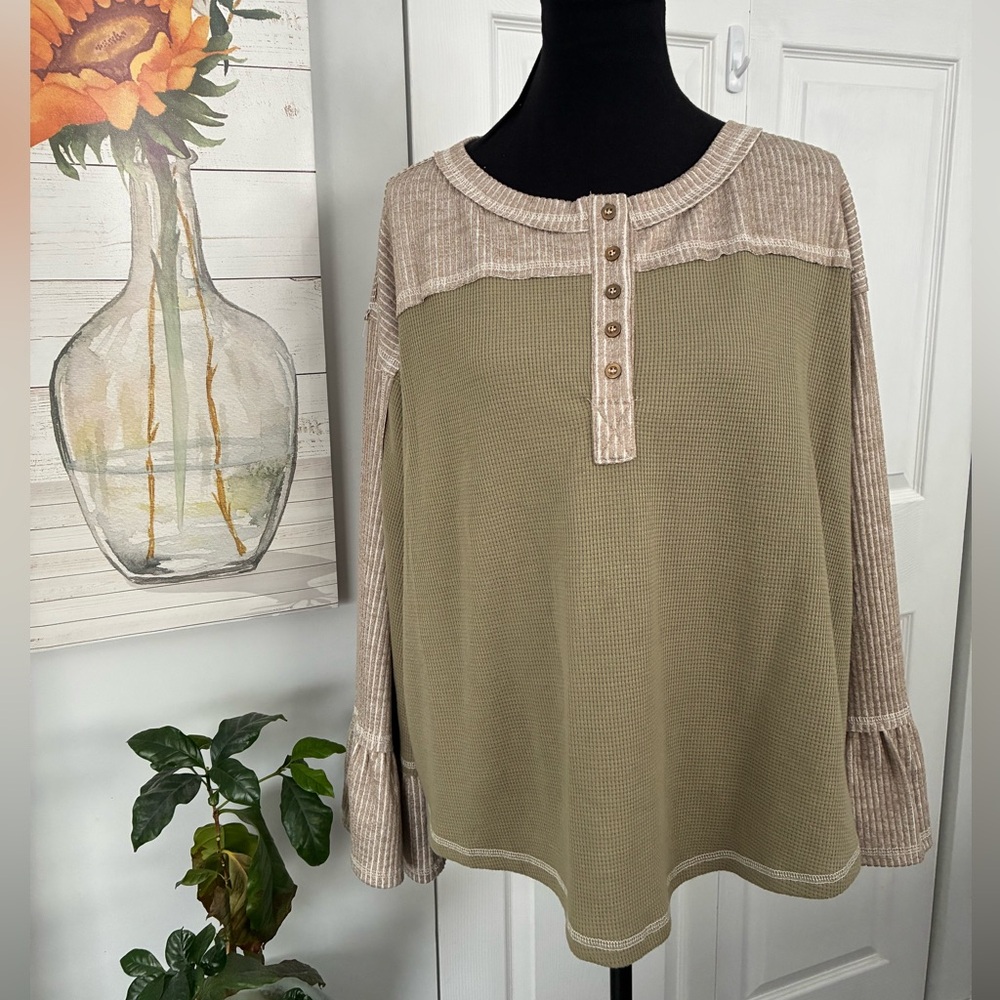 POL Olive and Beige Button Down Shirt